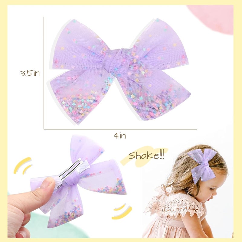 C.N. 6 PCS Tulle Hair Bows for Girls, Toddler Bows with Glitter Star Alligator, Colorful Hair Barrettes Wedding Hair Accessories for Baby Girls Infants Toddler Teens Party (Type D) - Image 5